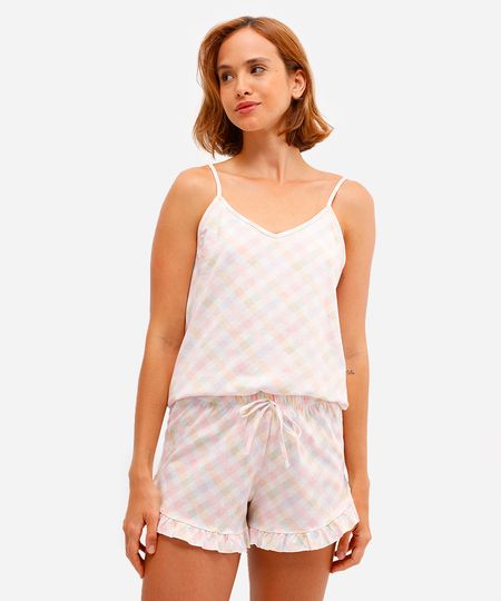 pijama short doll feminino xadrez off white P