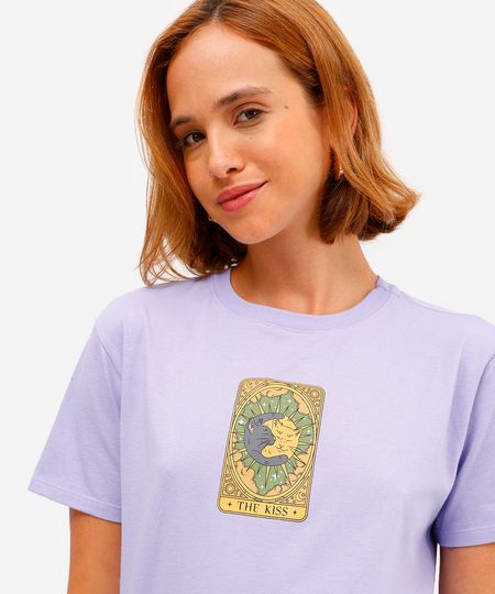 camiseta feminina de algodão gatinhos tarot roxa PP