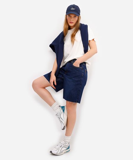 bermuda feminina jeans cintura alta barra a fio azul 34