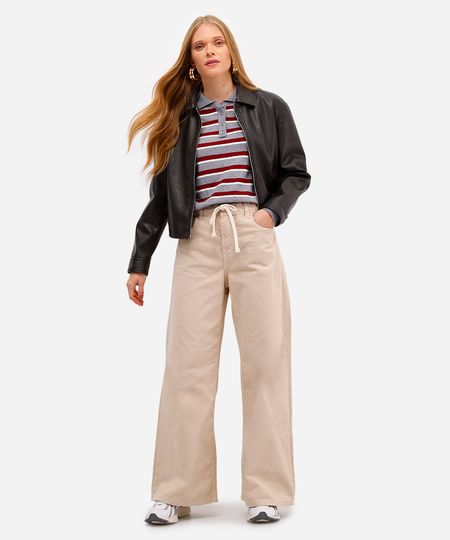 calça wide leg feminina de sarja cós elástico bege 38
