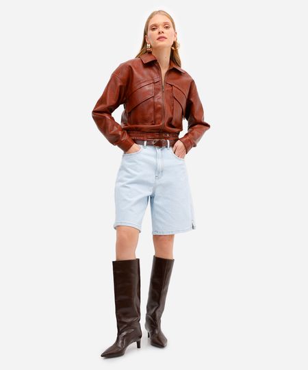 bermuda feminina jeans cintura alta com fendas azul 36 bermuda feminina jeans cintura alta com fendas azul 36