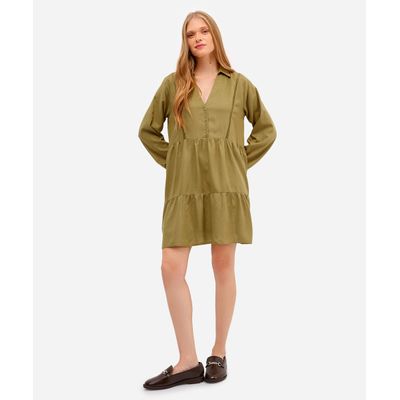 vestido com linho curto manga longa - verde médio