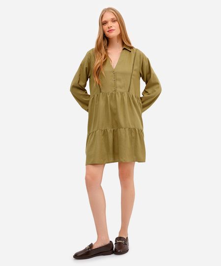 vestido com linho curto manga longa - verde médio GG vestido com linho curto manga longa - verde médio GG