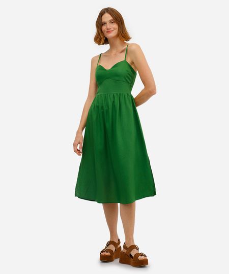 vestido midi feminino com linho e fendas verde PP