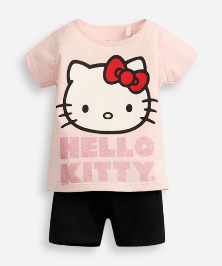conjunto curto infantil de algodão hello kitty com glitter rosa 3