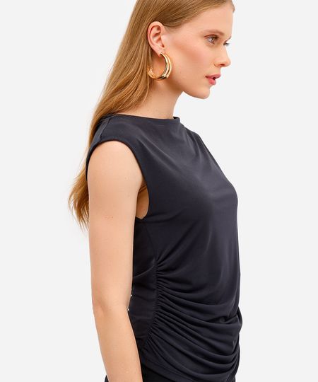 blusa feminina decote redondo franzida preta GG blusa feminina decote redondo franzida preta GG