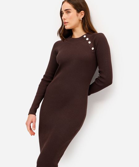 vestido midi feminino de tricot canelado marrom M vestido midi feminino de tricot canelado marrom M