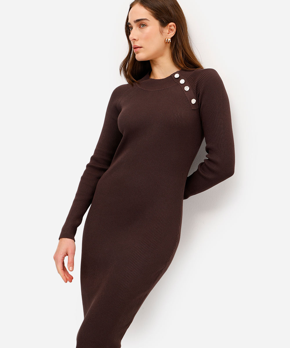 vestido midi feminino de tricot canelado marrom