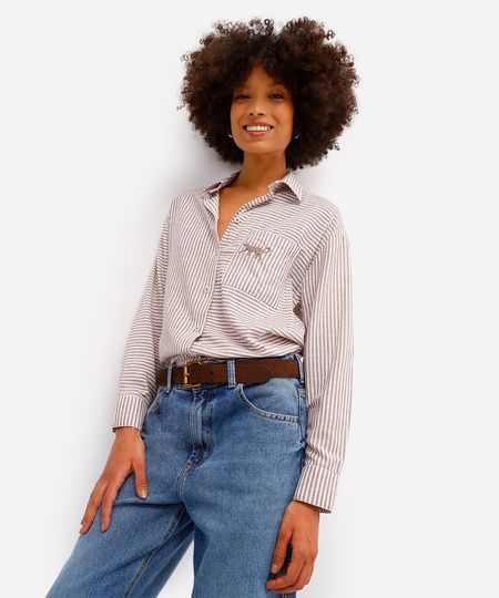 camisa feminina oversized com bordado listrada marrom M