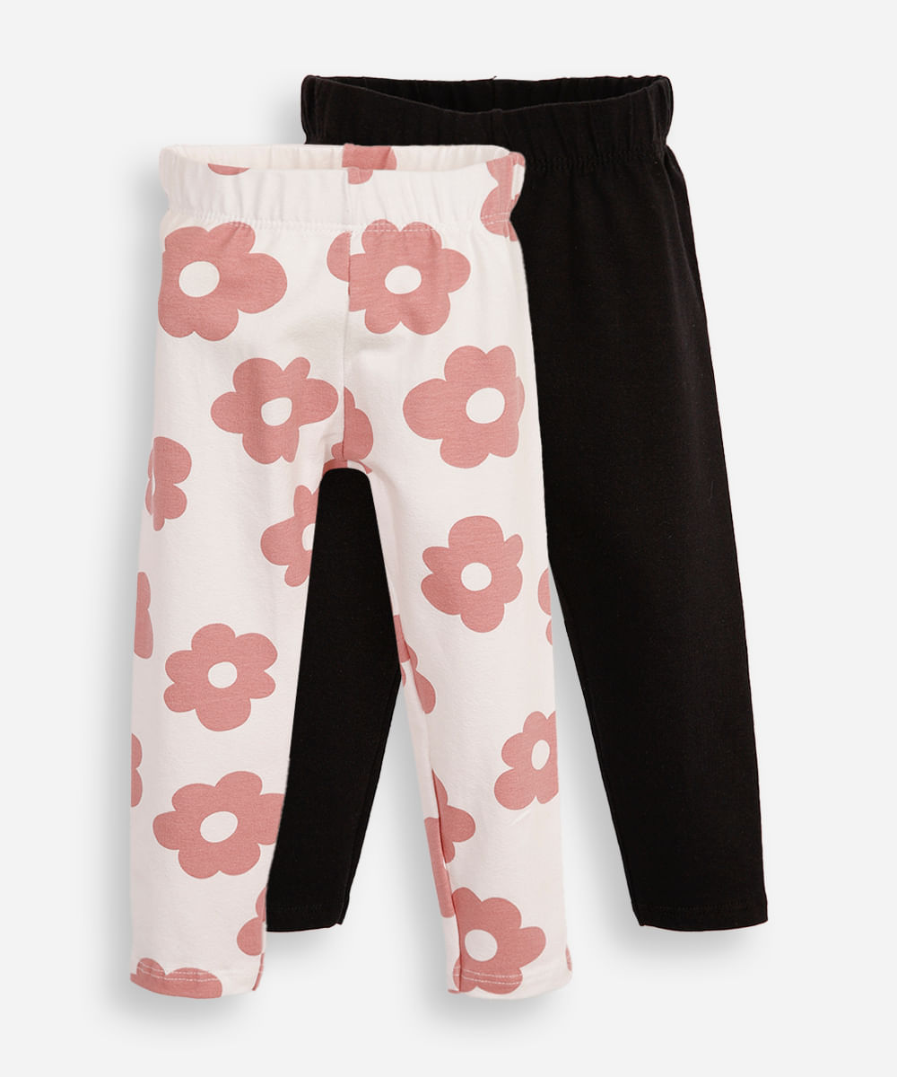 kit de 2 leggings liso e estampado colorido