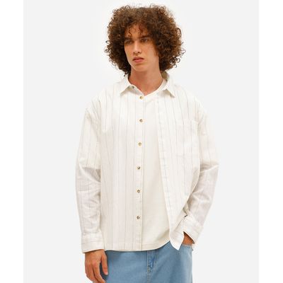 camisa masculina com linho oversized listrada off white