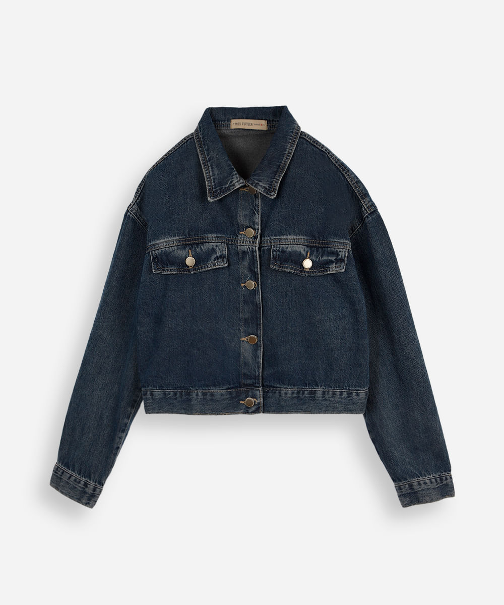 jaqueta jeans juvenil cropped stitch – jeans medio