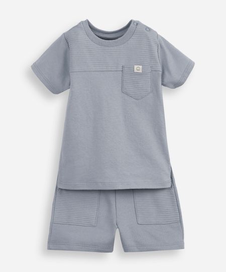 conjunto baby camiseta e bermuda texturizado azul 3-6