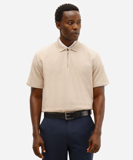 polo masculina com zíper texturizada bege PP polo masculina com zíper texturizada bege PP