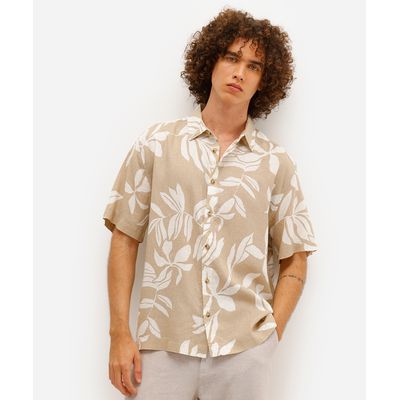camisa masculina com linho manga curta folhagens bege