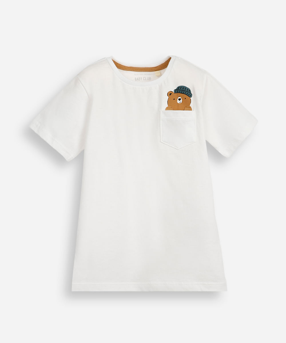 camiseta infantil de algodão com bolso ursinho off white