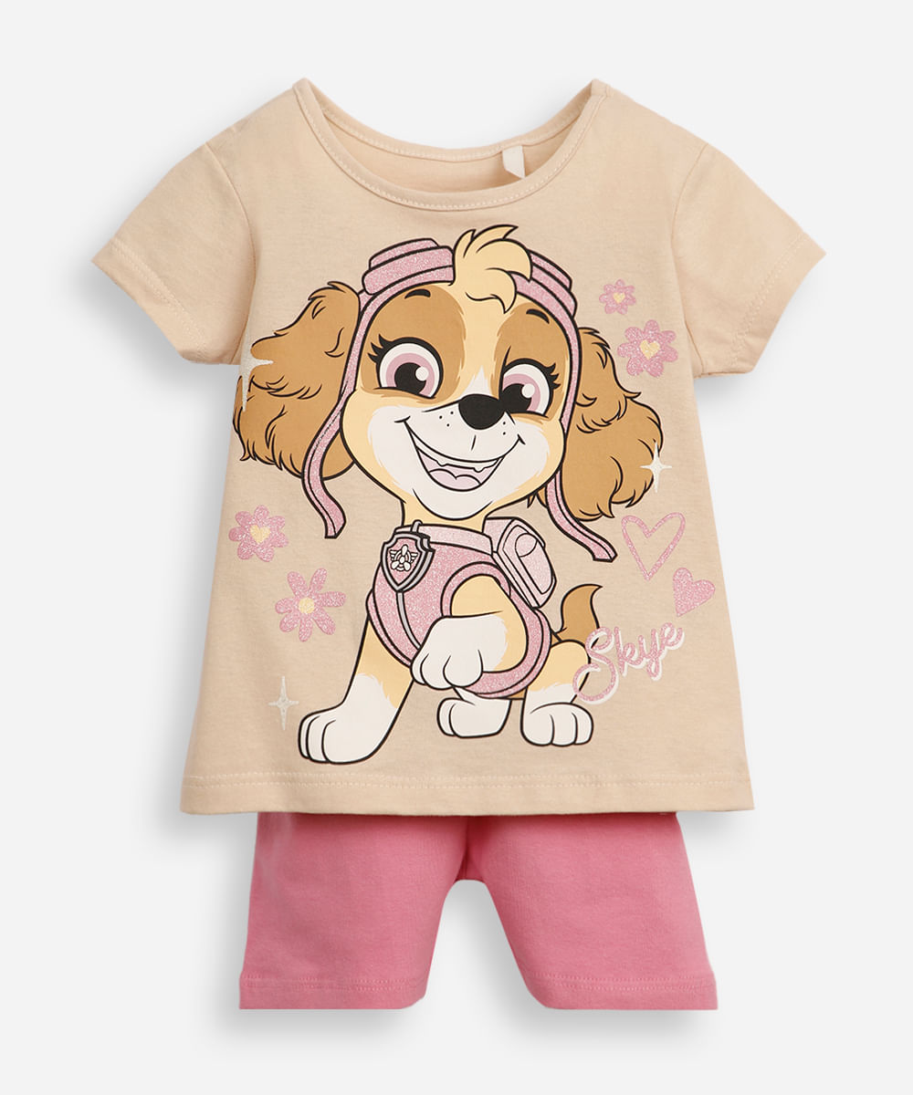conjunto curto infantil de algodão patrulha canina bege