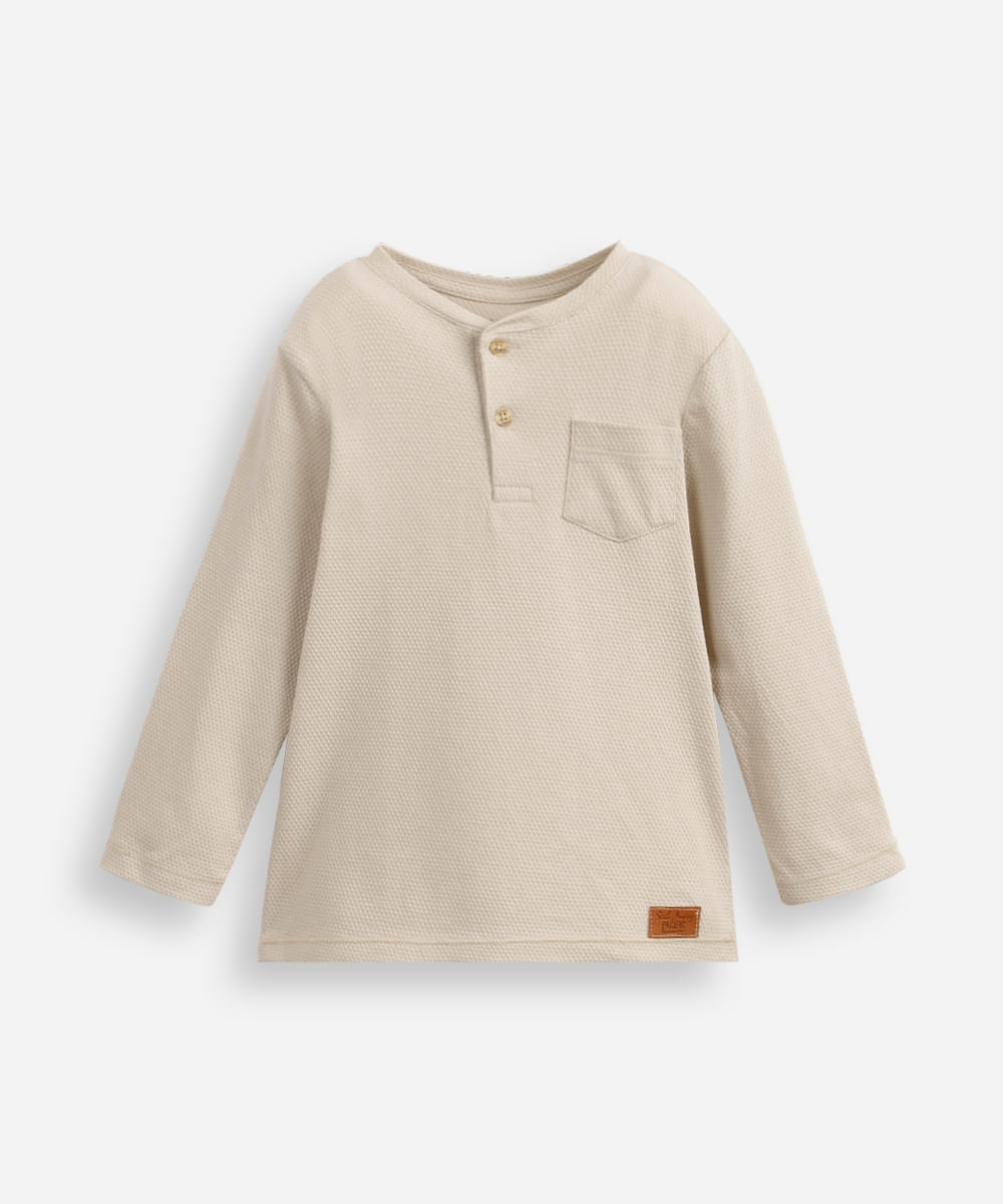 camiseta infantil texturizada manga longa com bolso bege