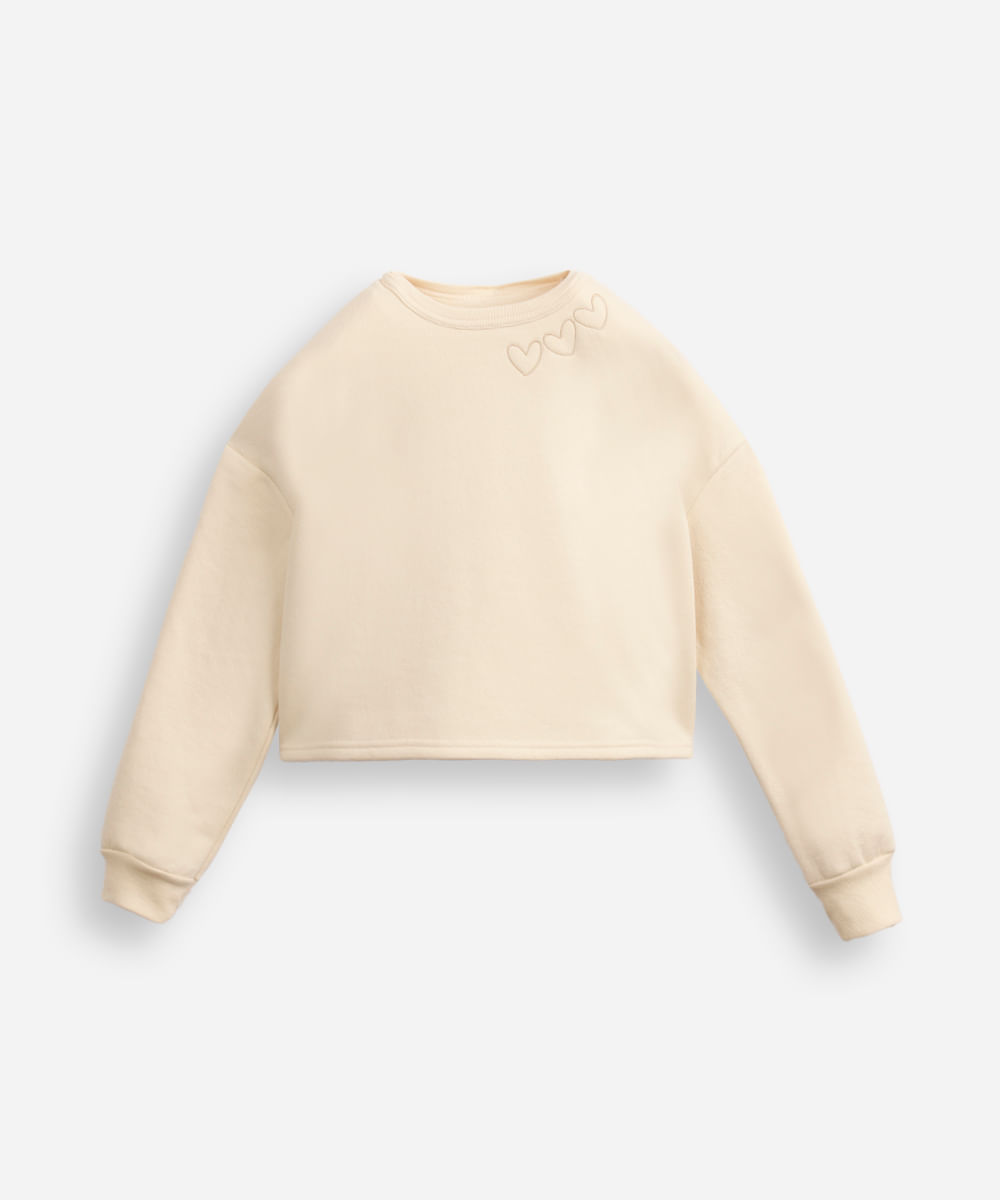 blusão juvenil de moletom felpado bordado corações bege