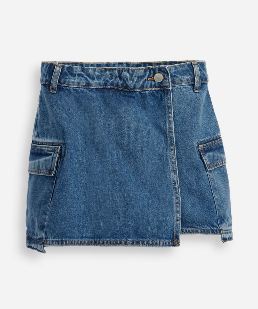 short saia cargo juvenil jeans - jeans escuro
