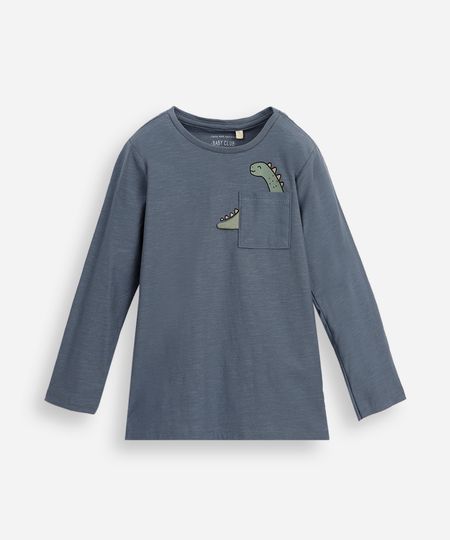 camiseta infantil de algodão dino com bolso azul 5