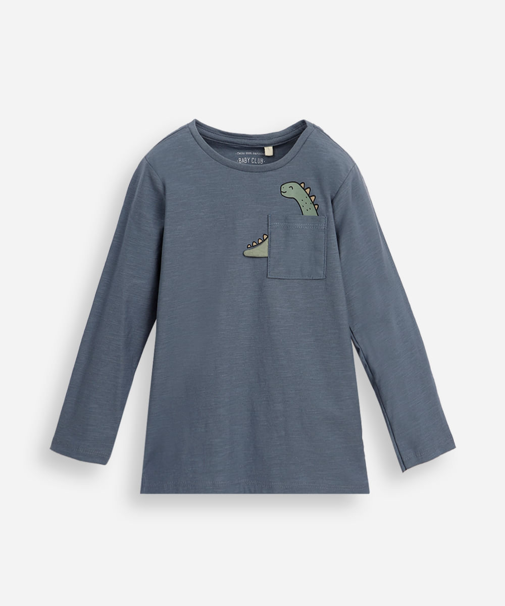camiseta infantil de algodão dino com bolso azul