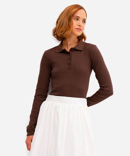 polo feminina de algodão manga longa canelada marrom G