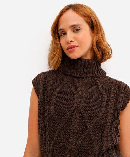 colete feminino de tricot gola alta marrom GG
