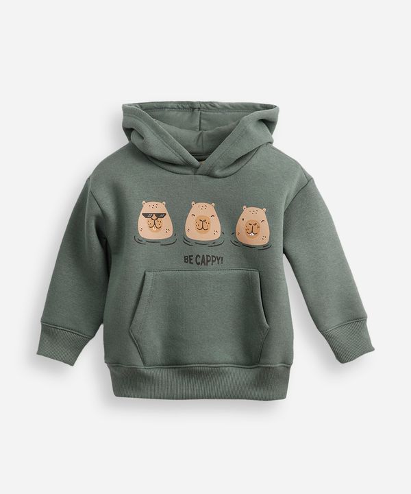 blusão infantil de moletom felpado com capuz capivara verde 2
