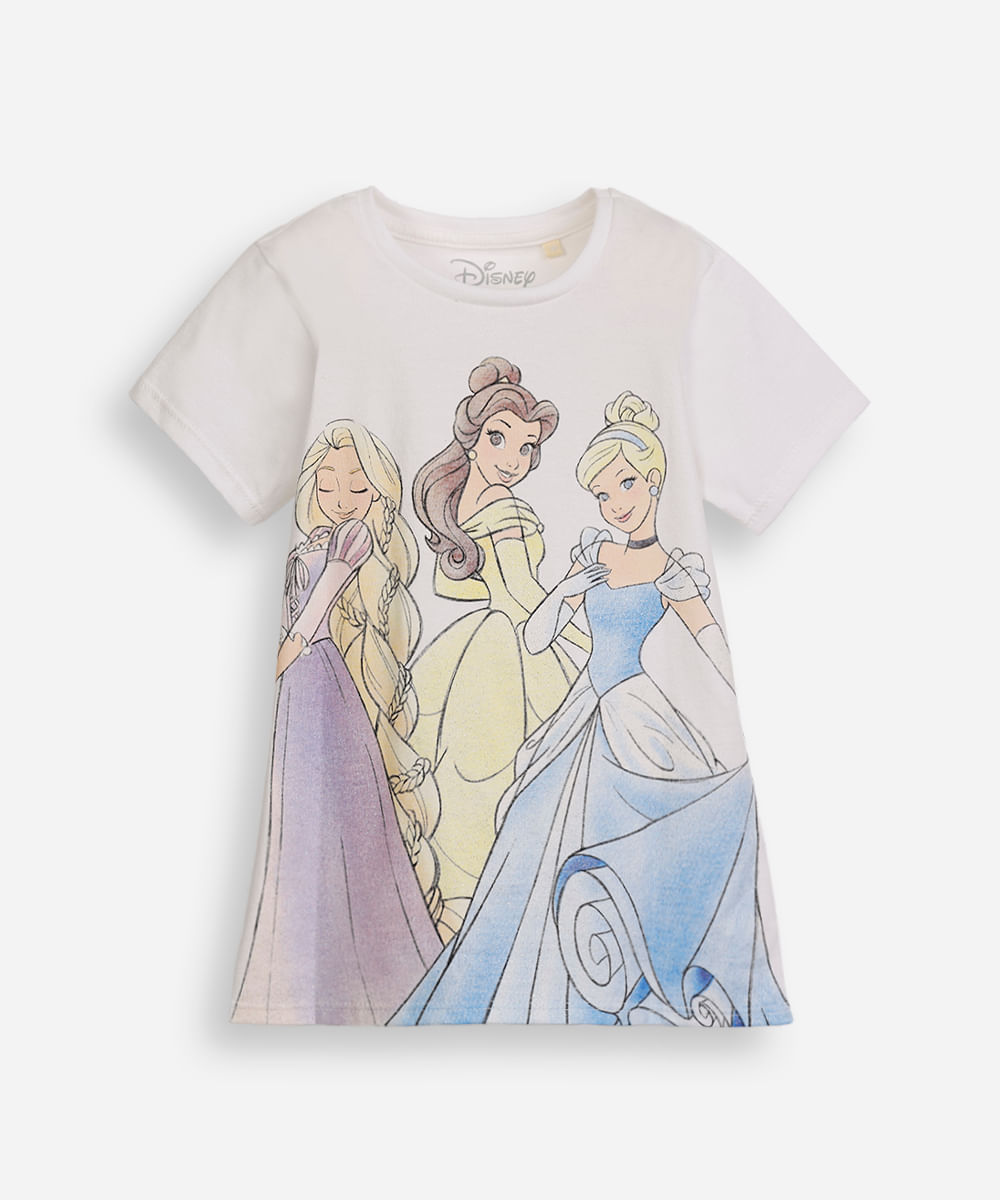 camiseta infantil de algodão princesas com glitter off white