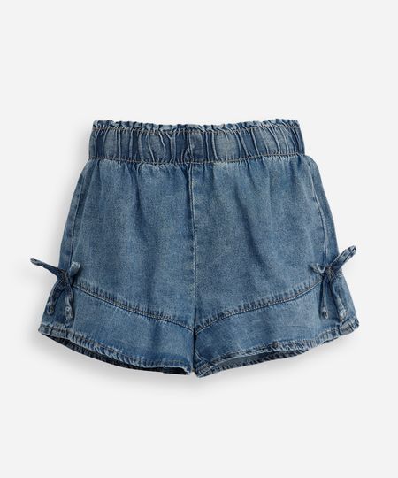 short infantil jeans com recorte e laços azul 5