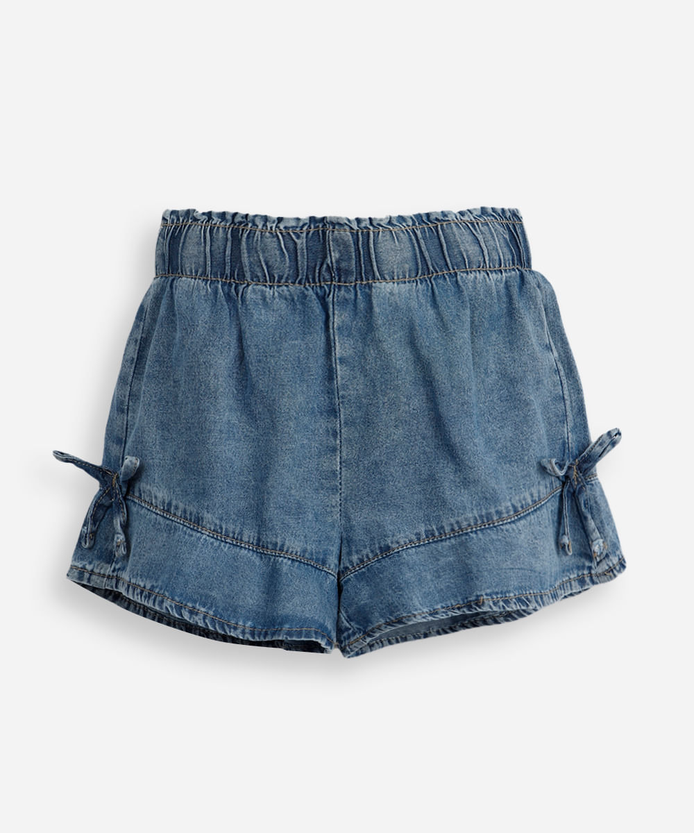 short infantil jeans com recorte e laços azul