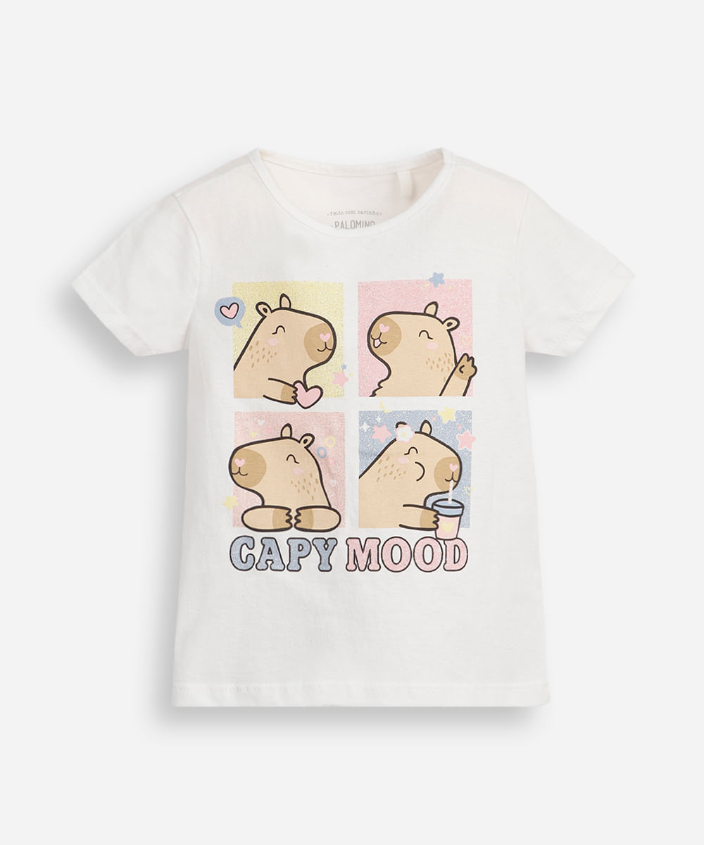 blusa infantil capivara com glitter off white