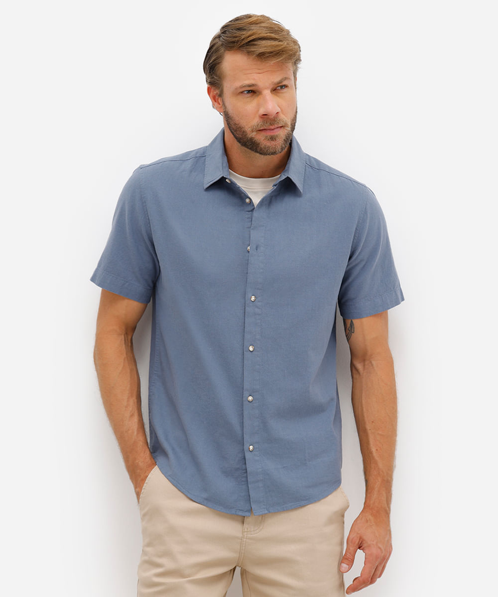 camisa comfort masculina com linho manga curta azul