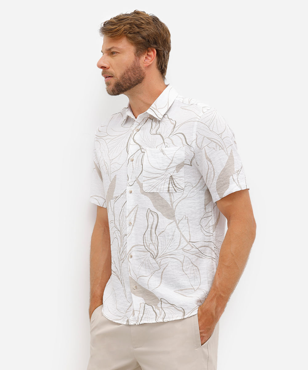 camisa masculina manga curta estampada bege