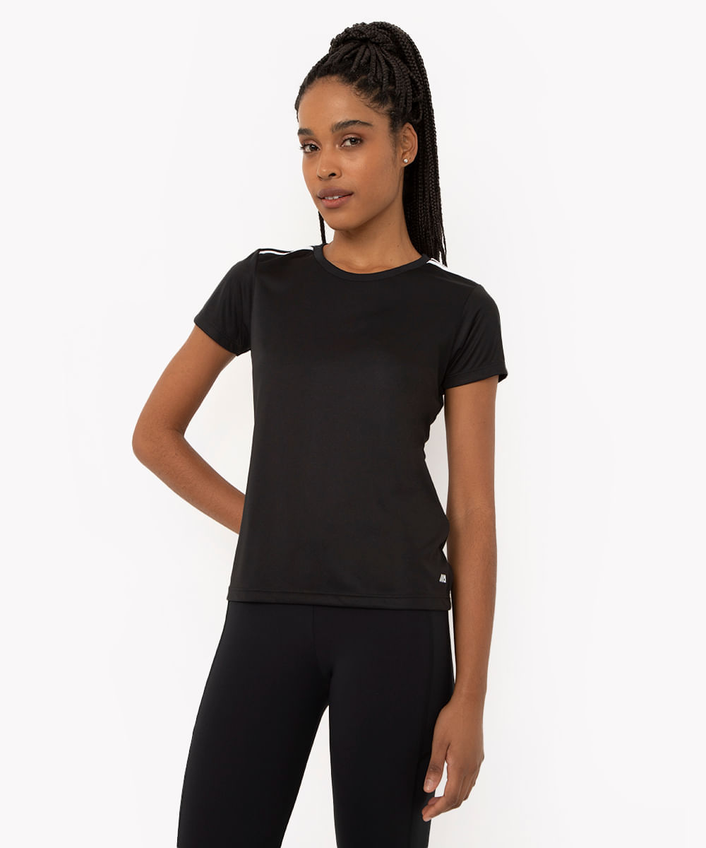 camiseta feminina esportiva ace manga curta com listras preta