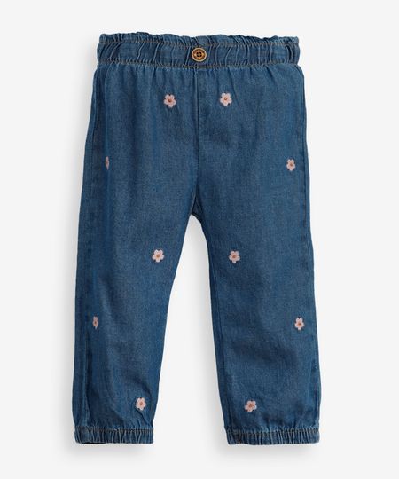 calça jogger infantil jeans bordado floral azul 9-12