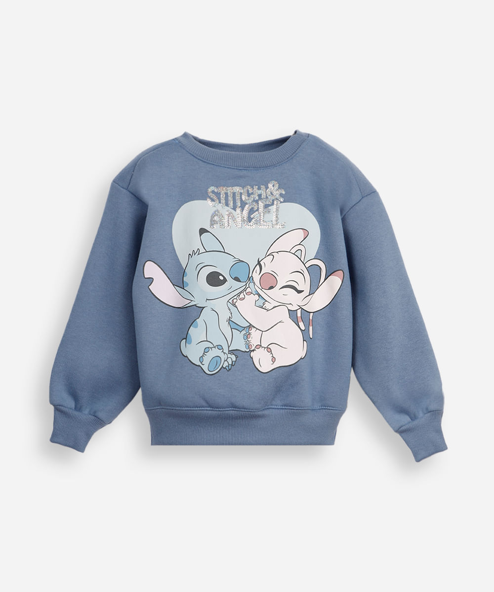 blusão infantil de moletom felpado stitch com paetê azul