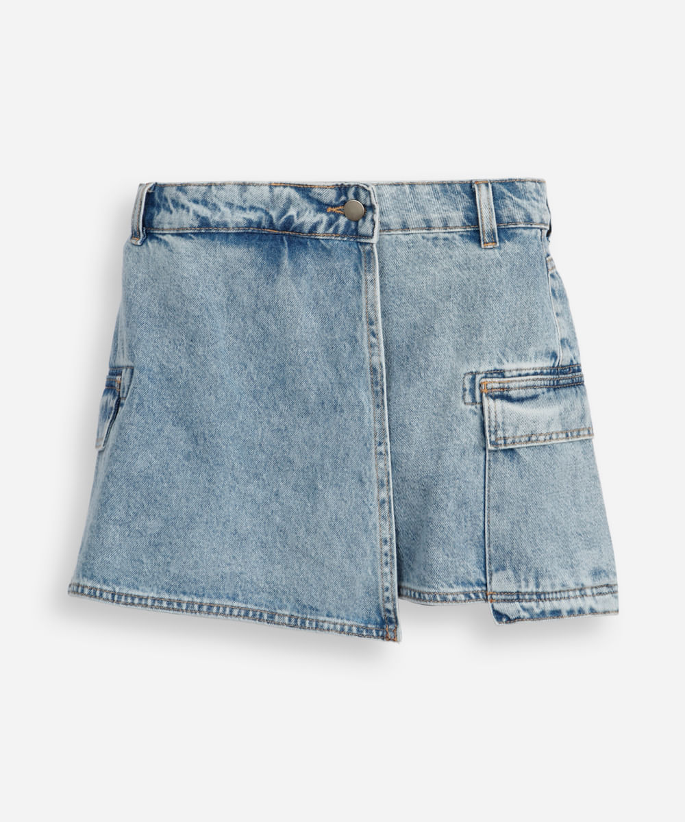 short saia cargo juvenil jeans - jeans claro
