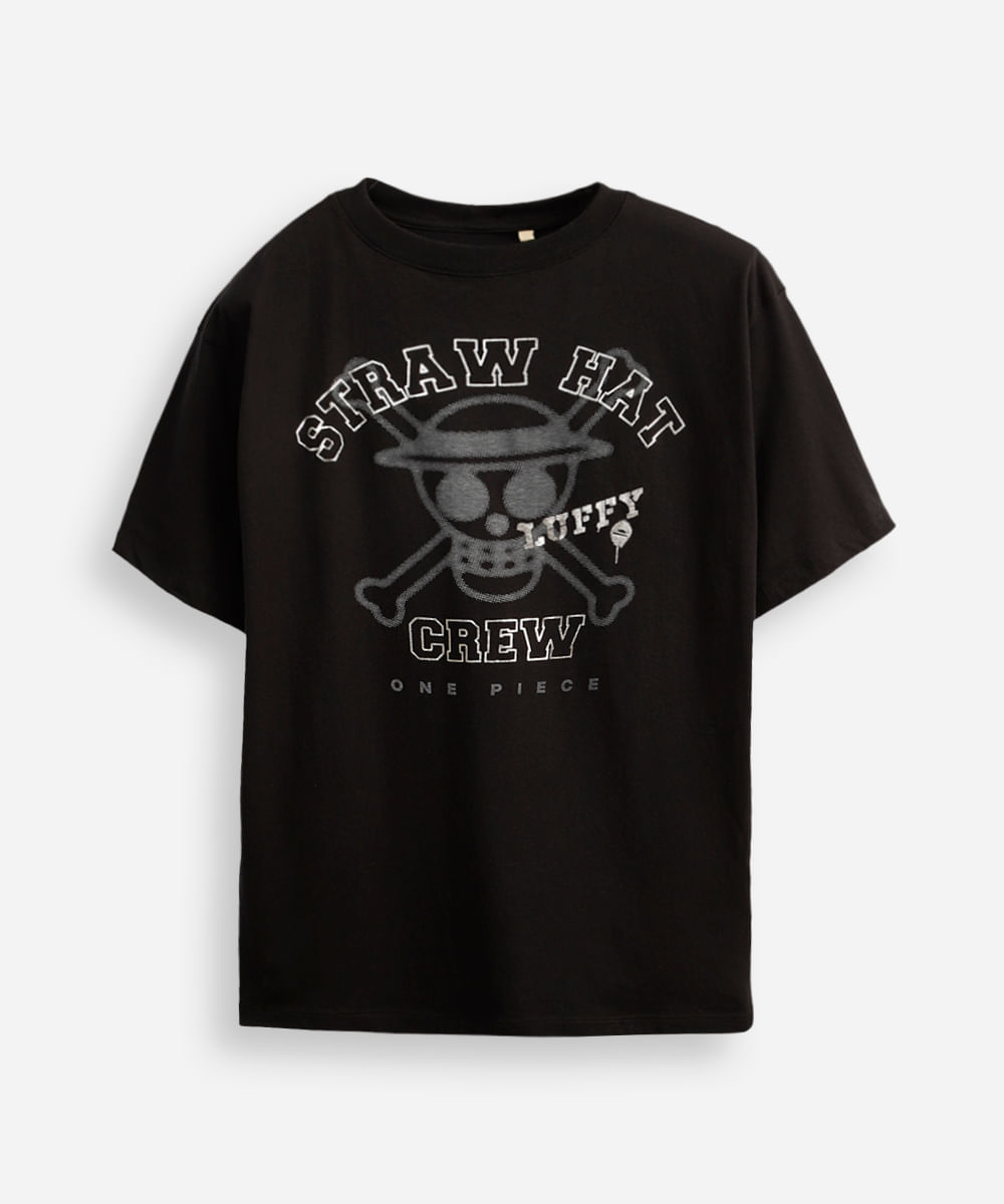 camiseta juvenil de algodão one piece metalizada preta