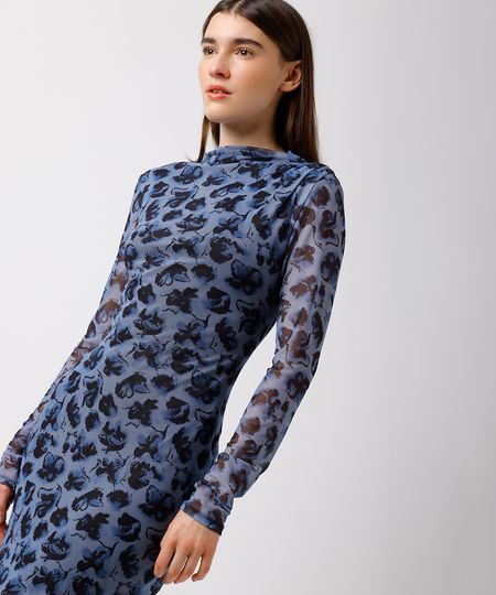 vestido midi feminino de tule floral mindset azul P vestido midi feminino de tule floral mindset azul P