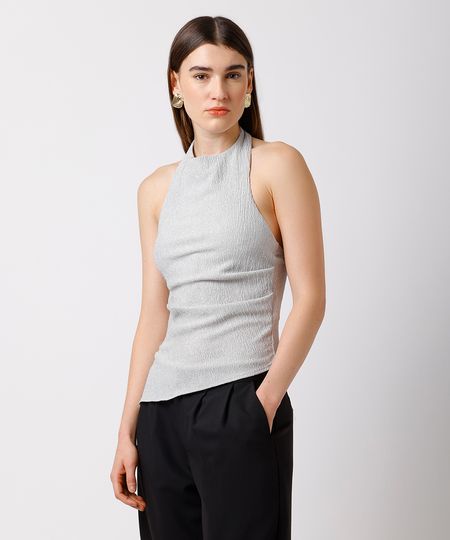 blusa frente única feminina texturizada assimétrica mindset cinza GG blusa frente única feminina texturizada assimétrica mindset cinza GG