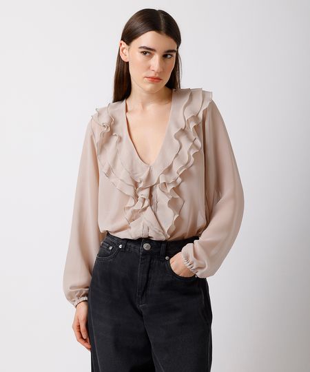 blusa feminina com babados manga longa mindset bege PP