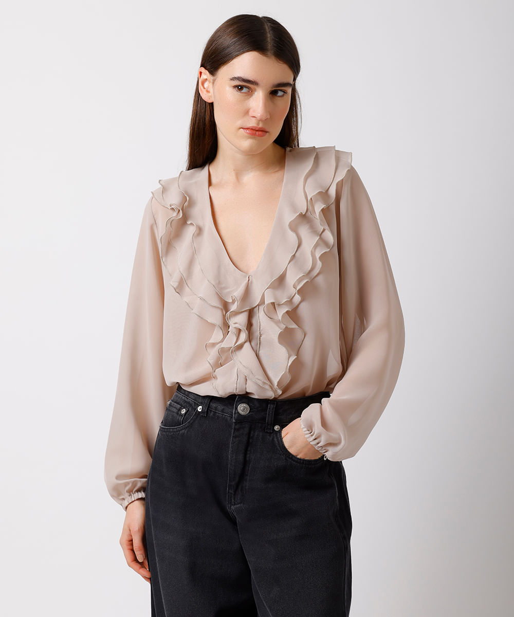 blusa feminina com babados manga longa mindset bege
