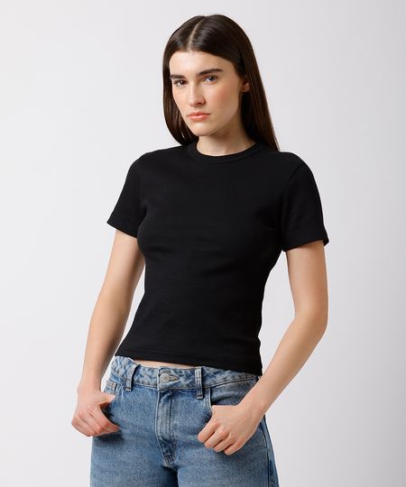 camiseta baby tee feminina de algodão peruano canelada mindset preta PP