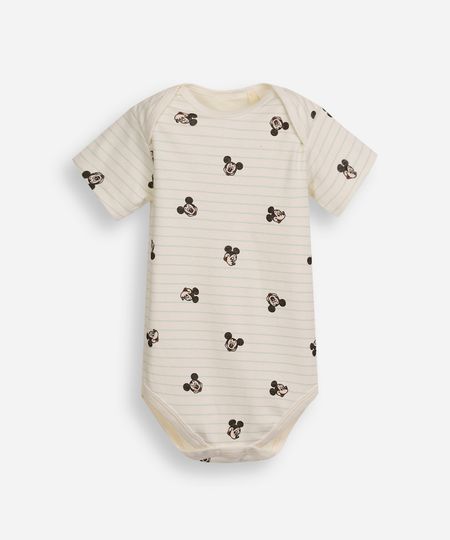 body infantil de algodão manga curta listrado mickey off white 6-9