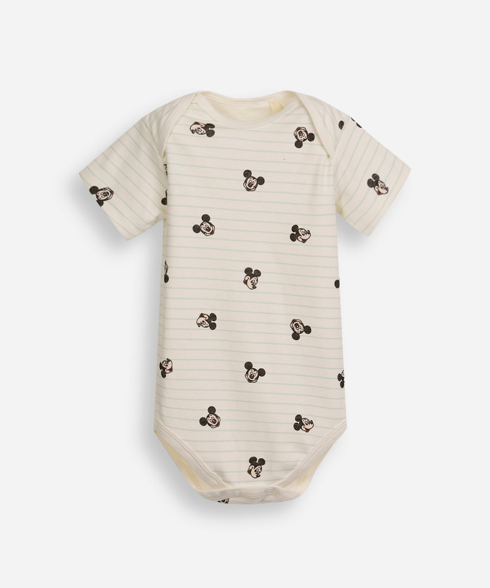 body infantil de algodão manga curta listrado mickey off white
