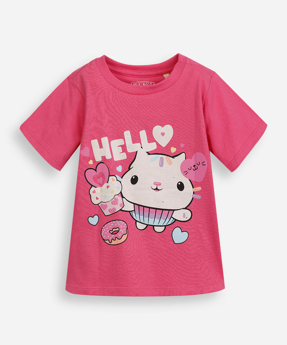 camiseta infantil de algodão gatinho com glitter rosa