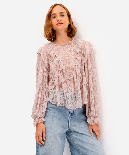 bata feminina de renda com babados floral rosa G