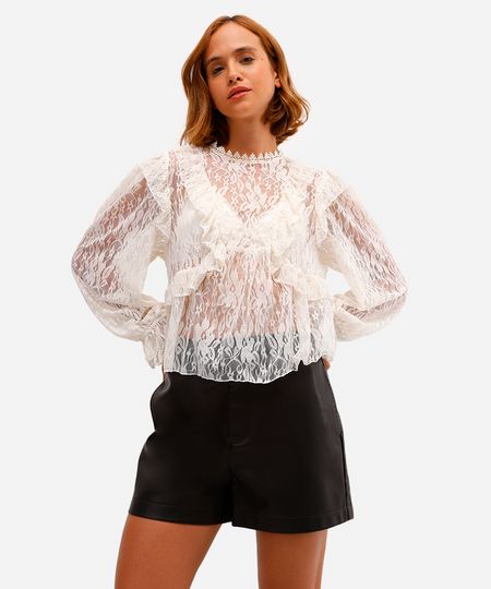 bata feminina de renda com babados floral off white G bata feminina de renda com babados floral off white G